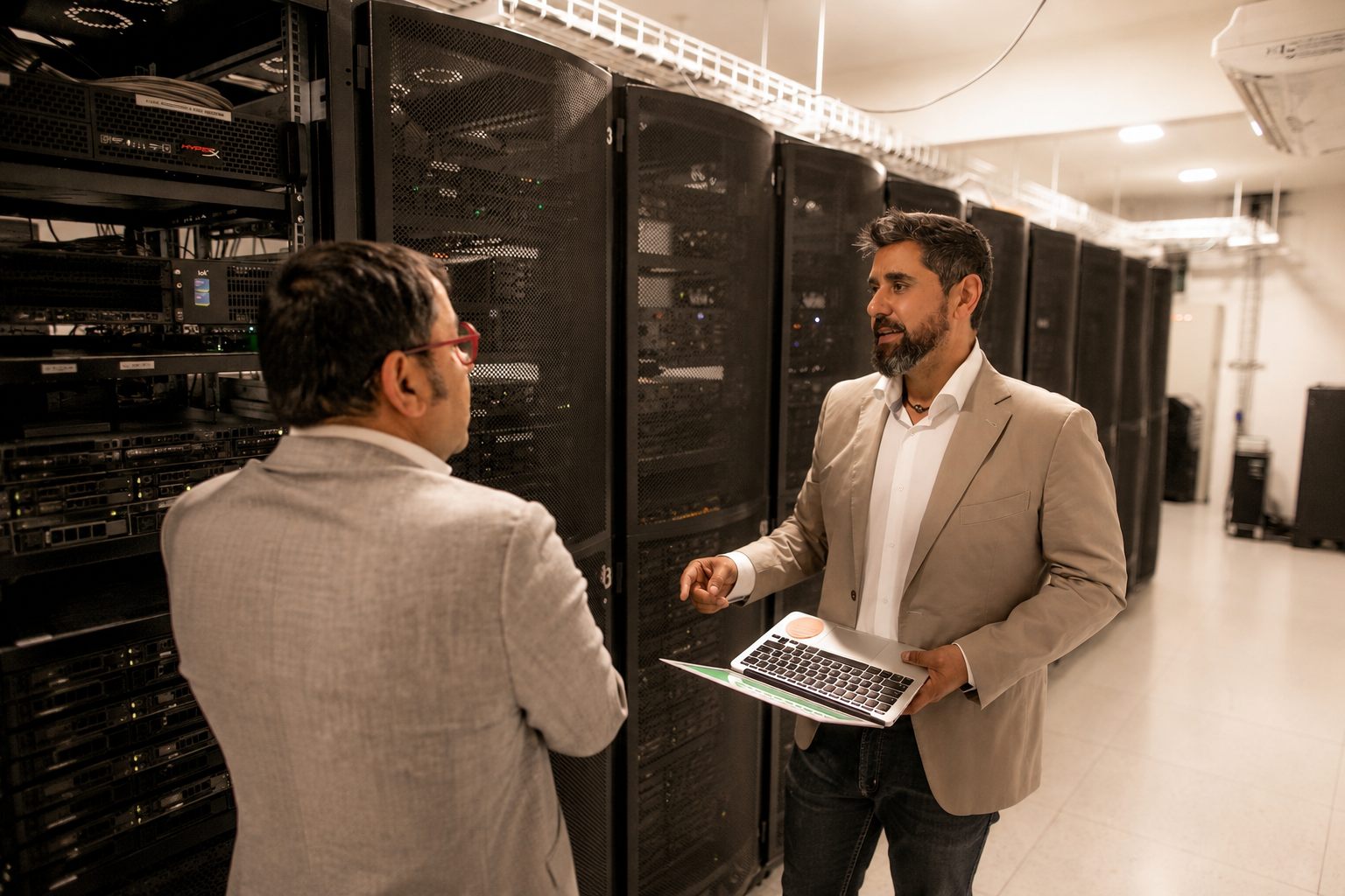 Dos ejecutivos del grupo revisando servidores en el pasillo de racks del datacenter propio en Las Condes